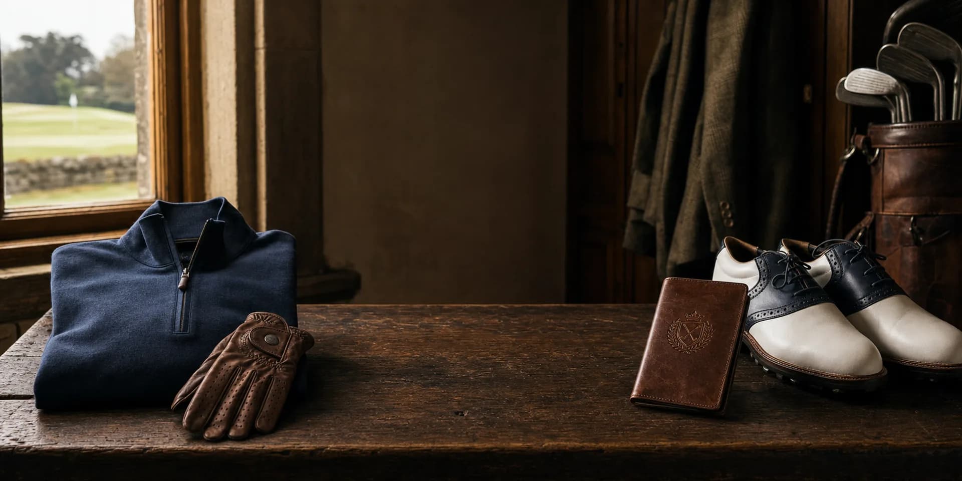 A clubhouse table with a folded navy pullover, leather golf glove, scorecard holder, and saddle golf shoes.