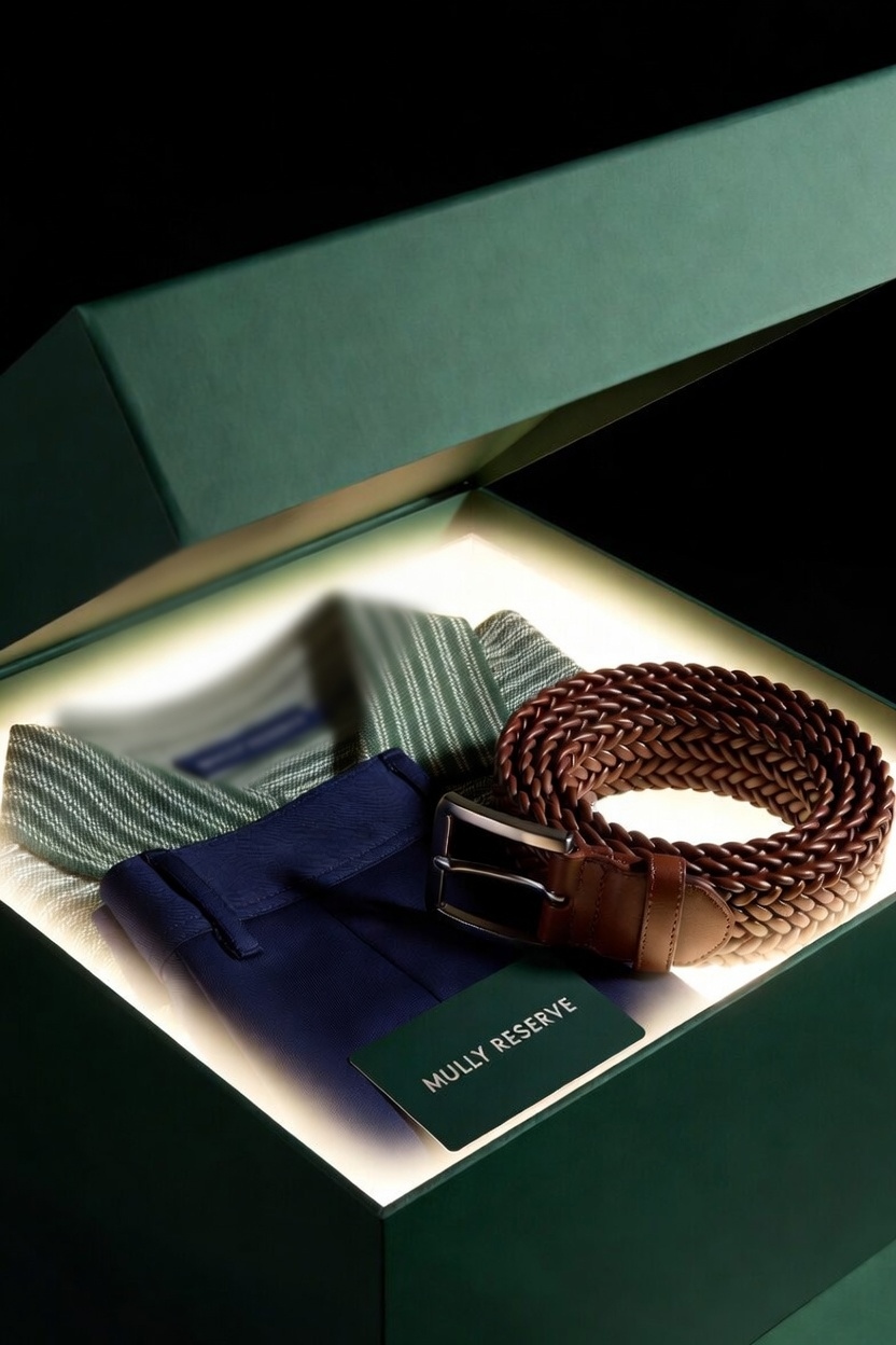 A Mully Reserve quarter laid out — neatly folded apparel, a Reserve card, a braided belt, and a striped polo.